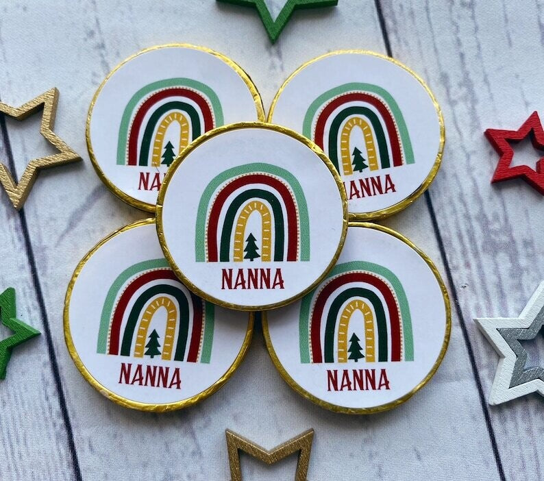 5 x Personalised Christmas Rainbow Chocolate coins.