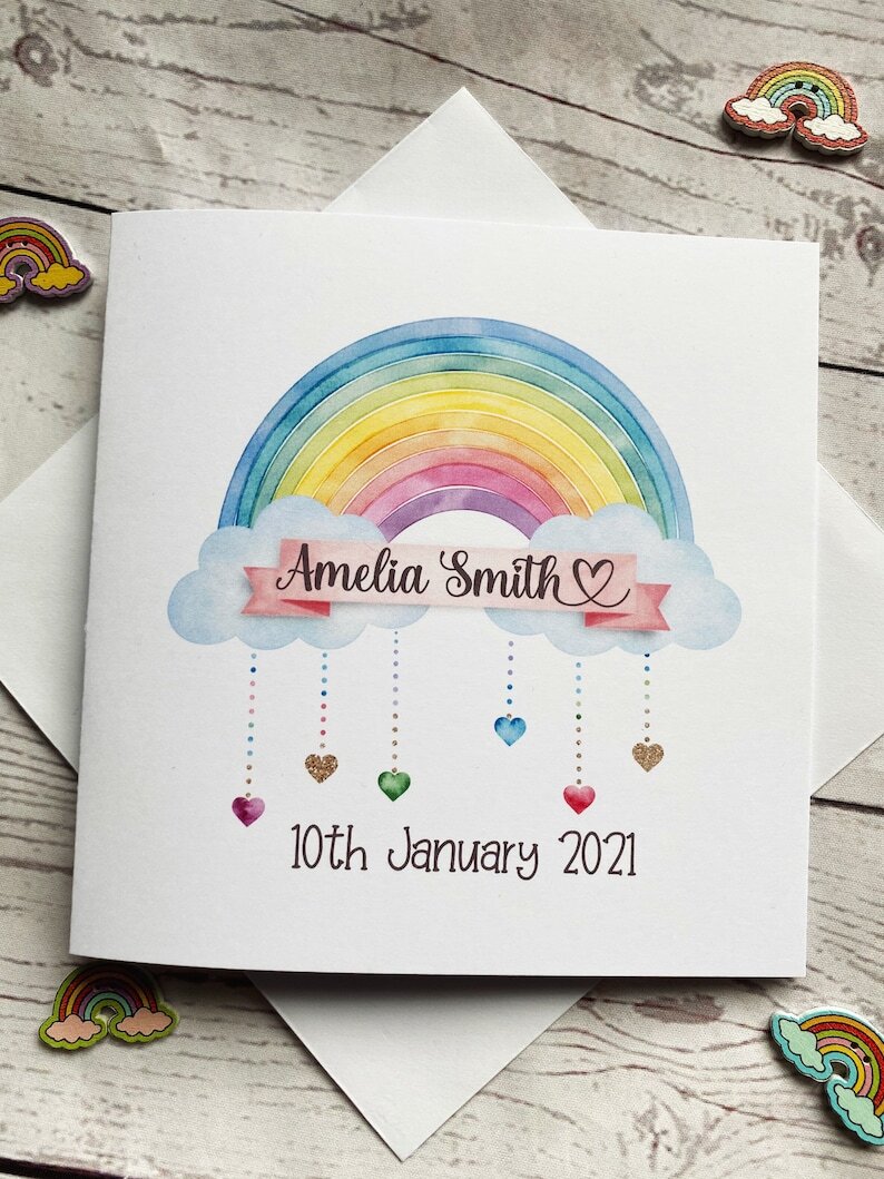 Personalised new baby rainbow card