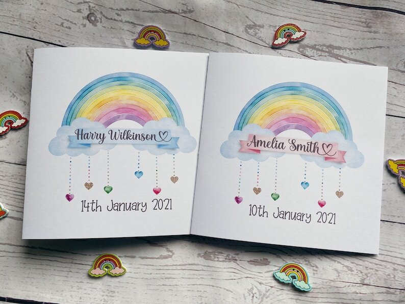 Personalised new baby rainbow card