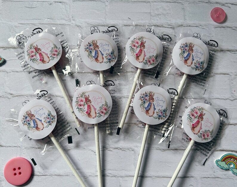 10 x Peter Rabbit or Flopsy Baby shower lollipops Gender Reveal Baby shower favour Baby shower party bags pink or blue Baby shower lollies