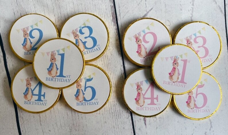 Bulk Peter Rabbit or Flopsy birthday chocolate coins.