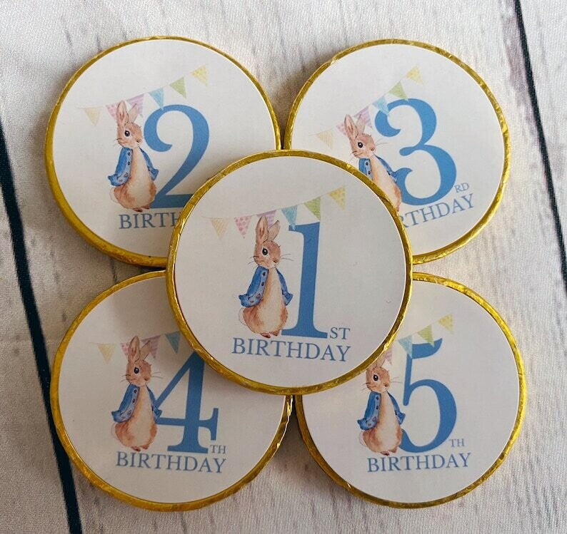 Bulk Peter Rabbit or Flopsy birthday chocolate coins.