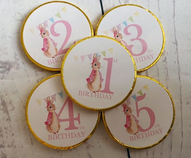 Bulk Peter Rabbit or Flopsy birthday chocolate coins.