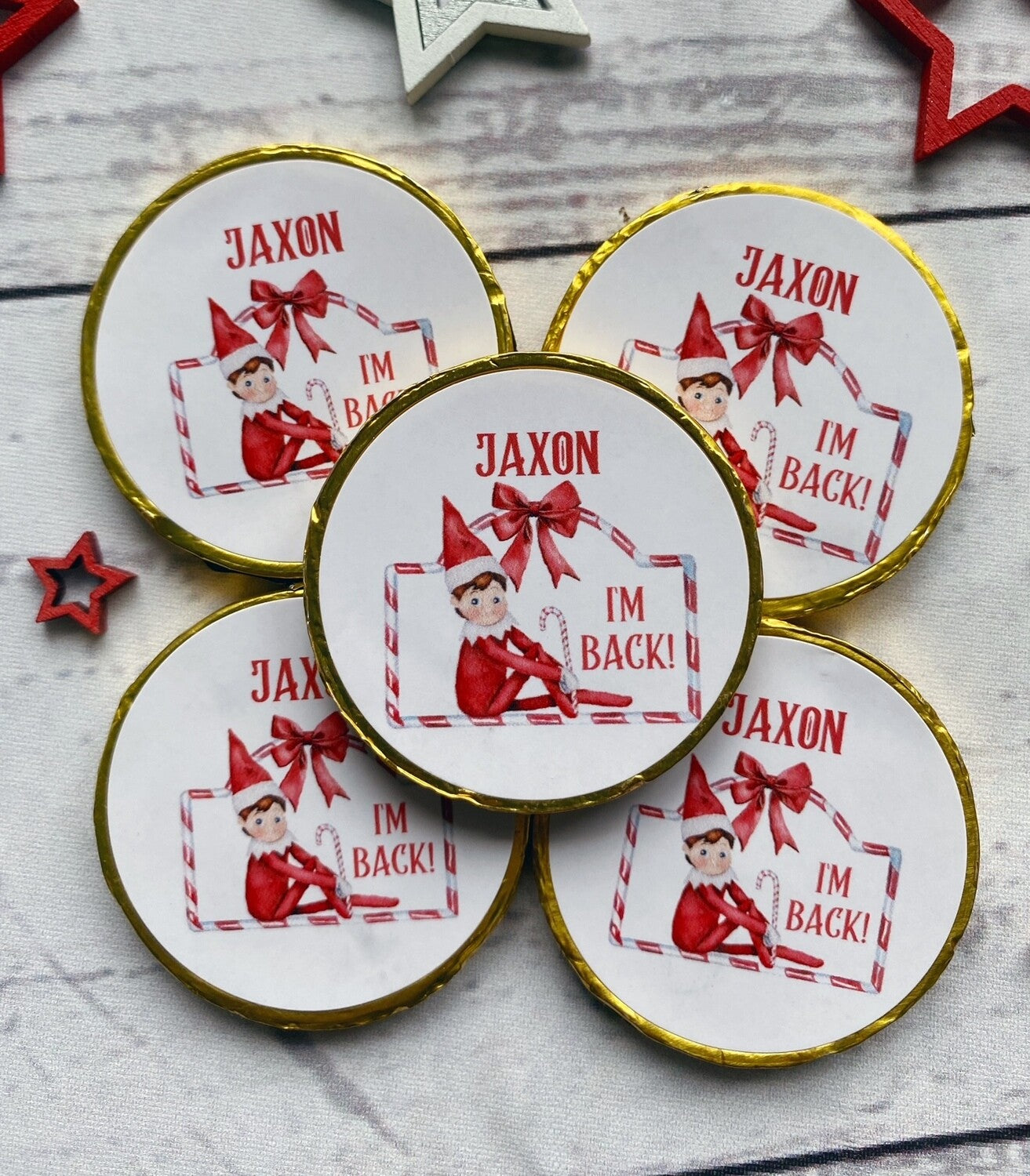 5 x Personalised Elf Milk Chocolate Christmas coins