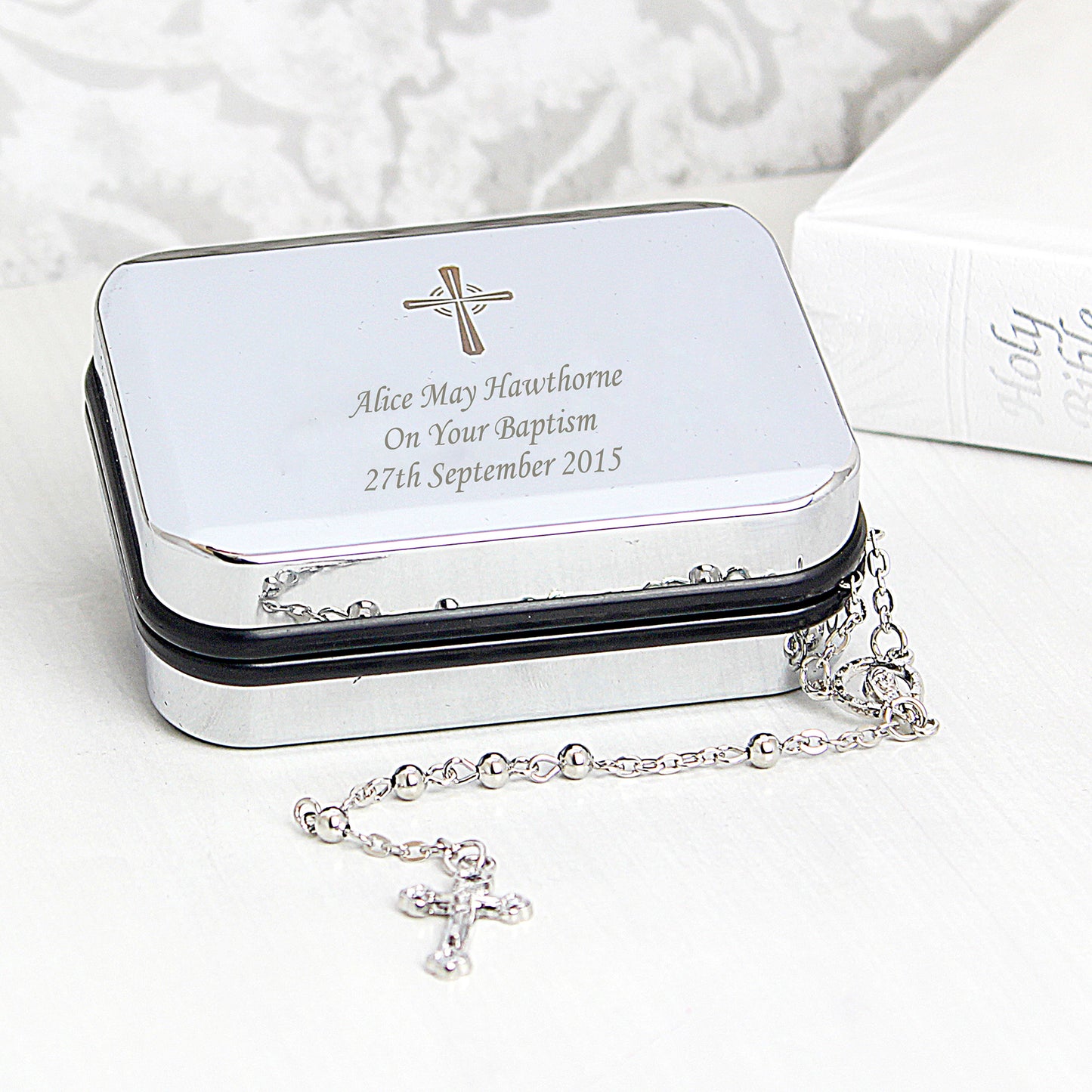 Personalised Rosary Beads and Cross Trinket Box