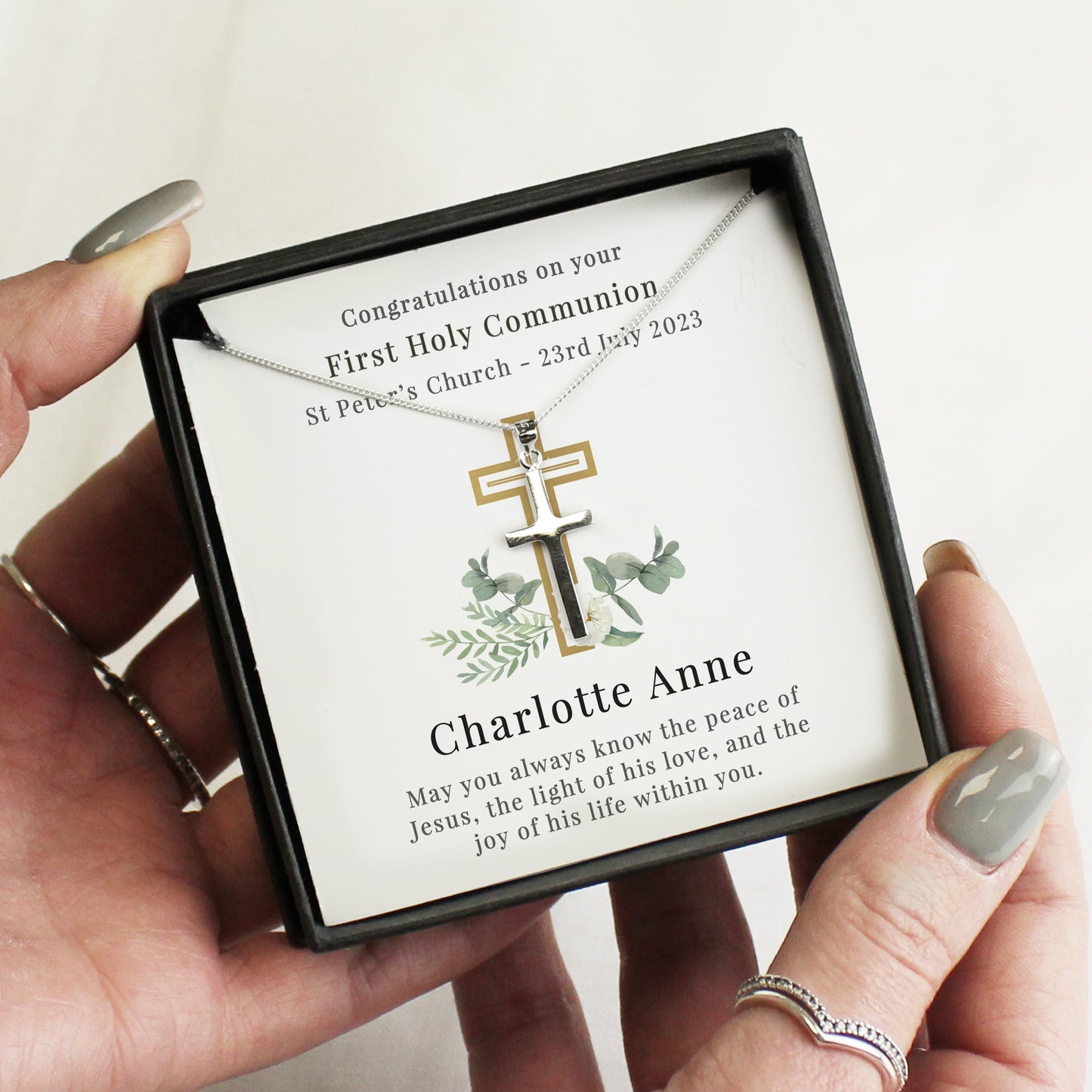 Personalised Floral Religious Sentiment Cross Necklace and Box