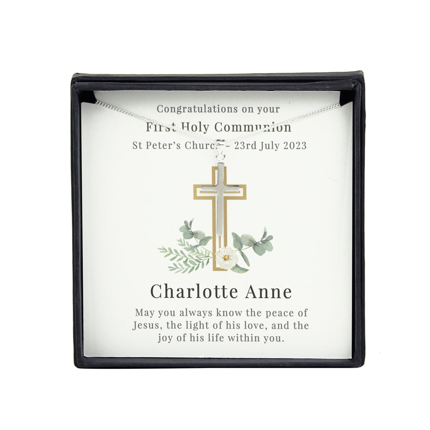 Personalised Floral Religious Sentiment Cross Necklace and Box