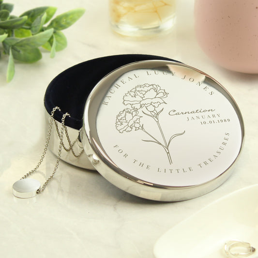 Personalised January Birth Flower Round Trinket Box