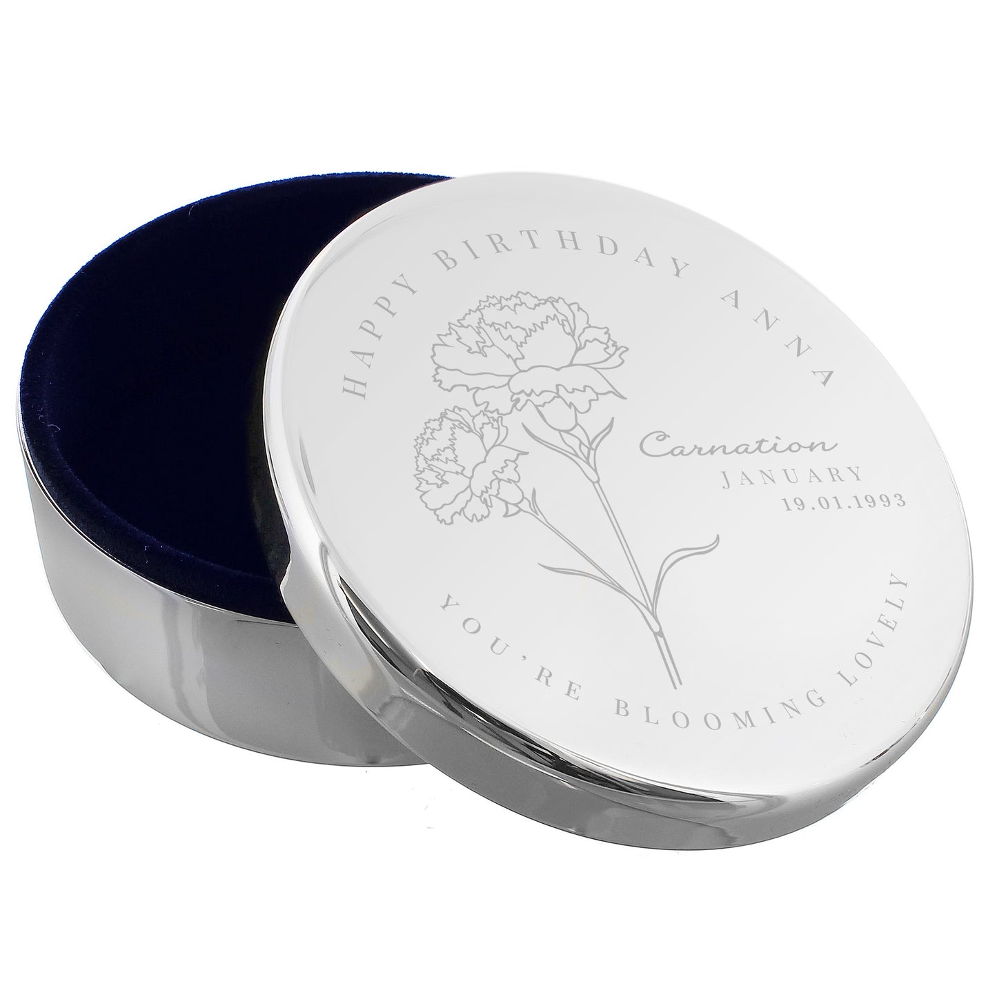 Personalised January Birth Flower Round Trinket Box