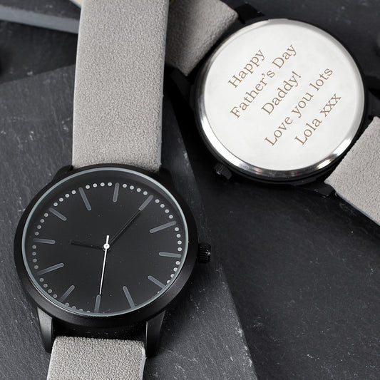 Personalised Mens Matte Black Watch with Grey Strap and Presentation Box