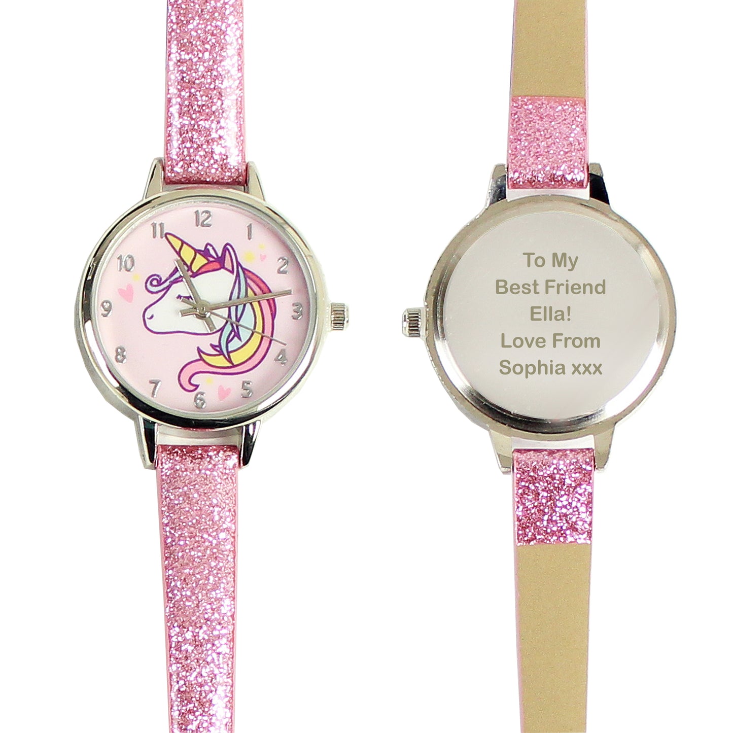 Personalised Unicorn with Pink Glitter Strap Girls Watch