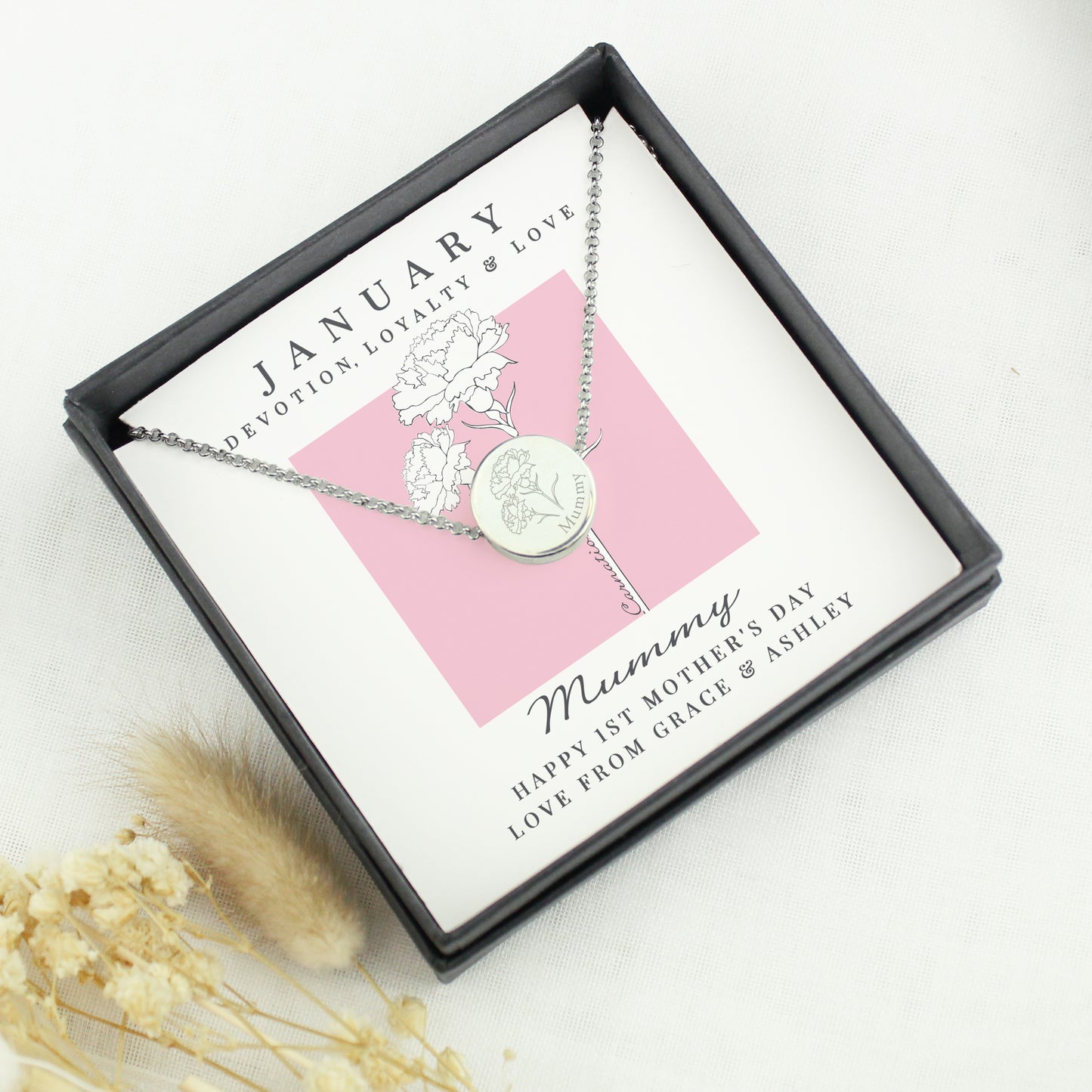 Personalised January Birth Flower Necklace and Box