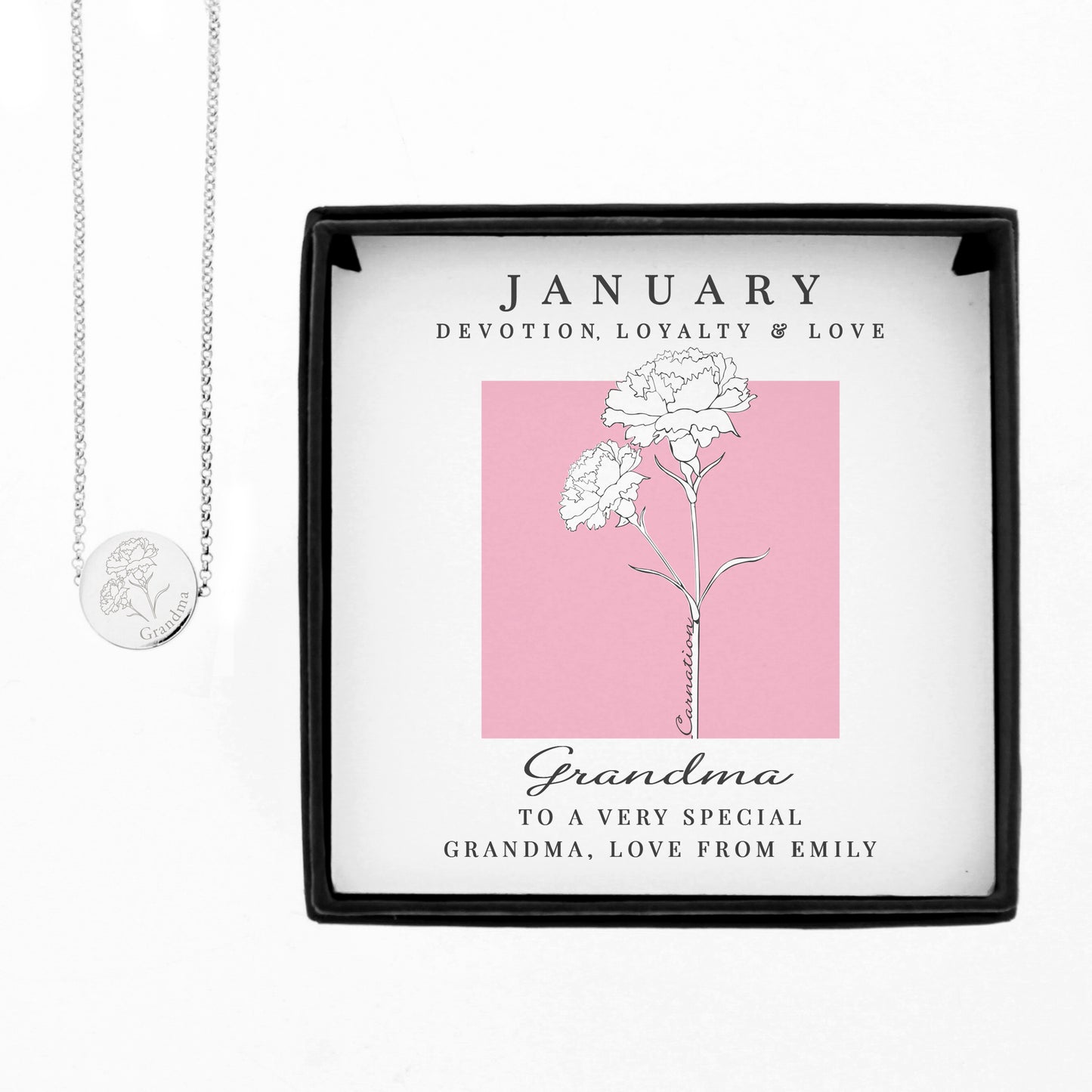 Personalised January Birth Flower Necklace and Box