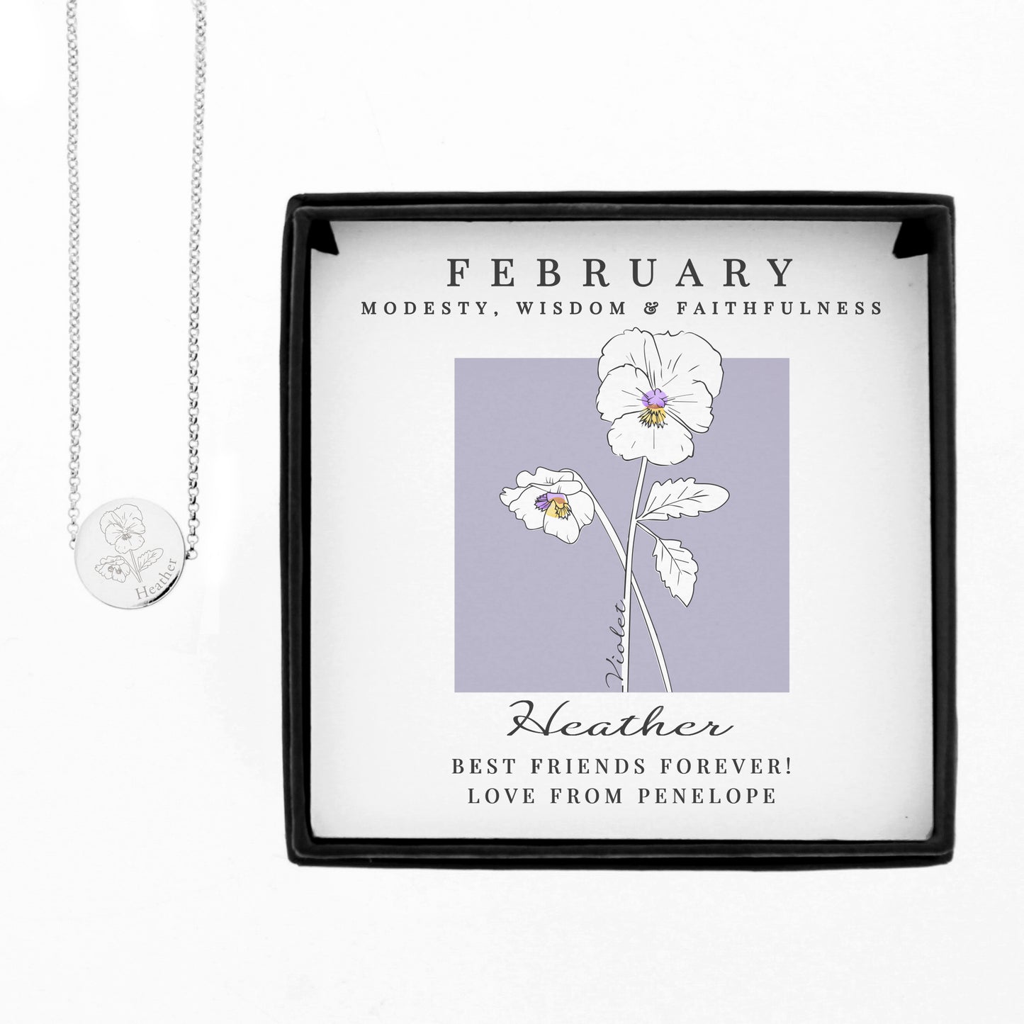 Personalised February Birth Flower Necklace and Box