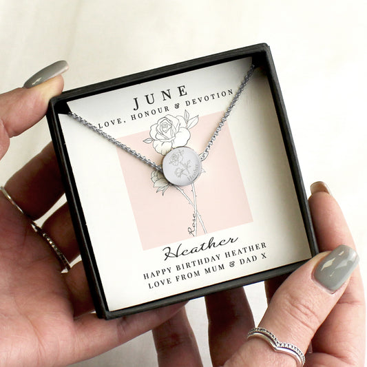 Personalised June Birth Flower Necklace and Box