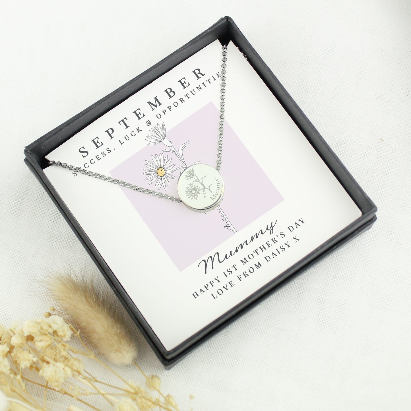 Personalised September Birth Flower Necklace and Box