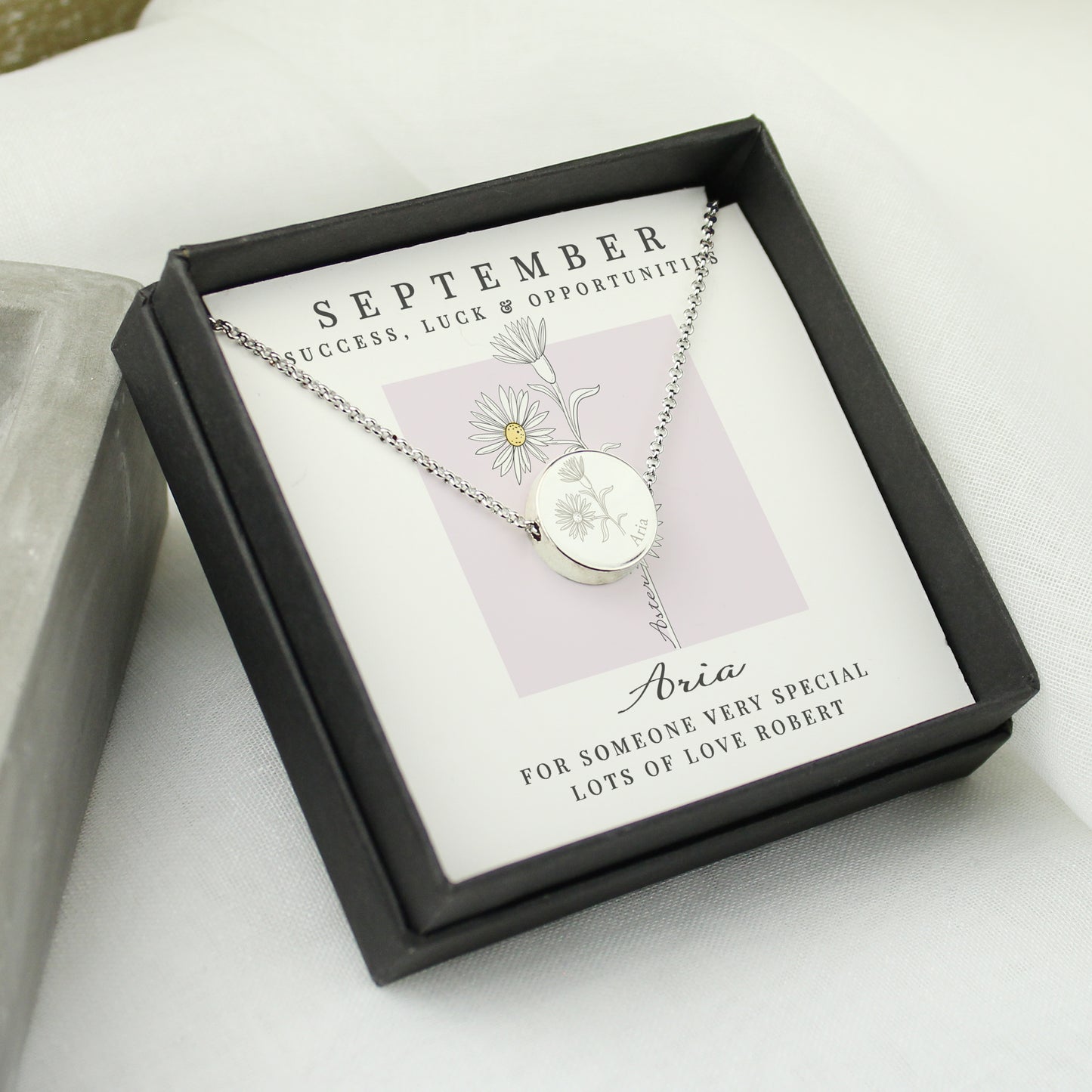 Personalised September Birth Flower Necklace and Box