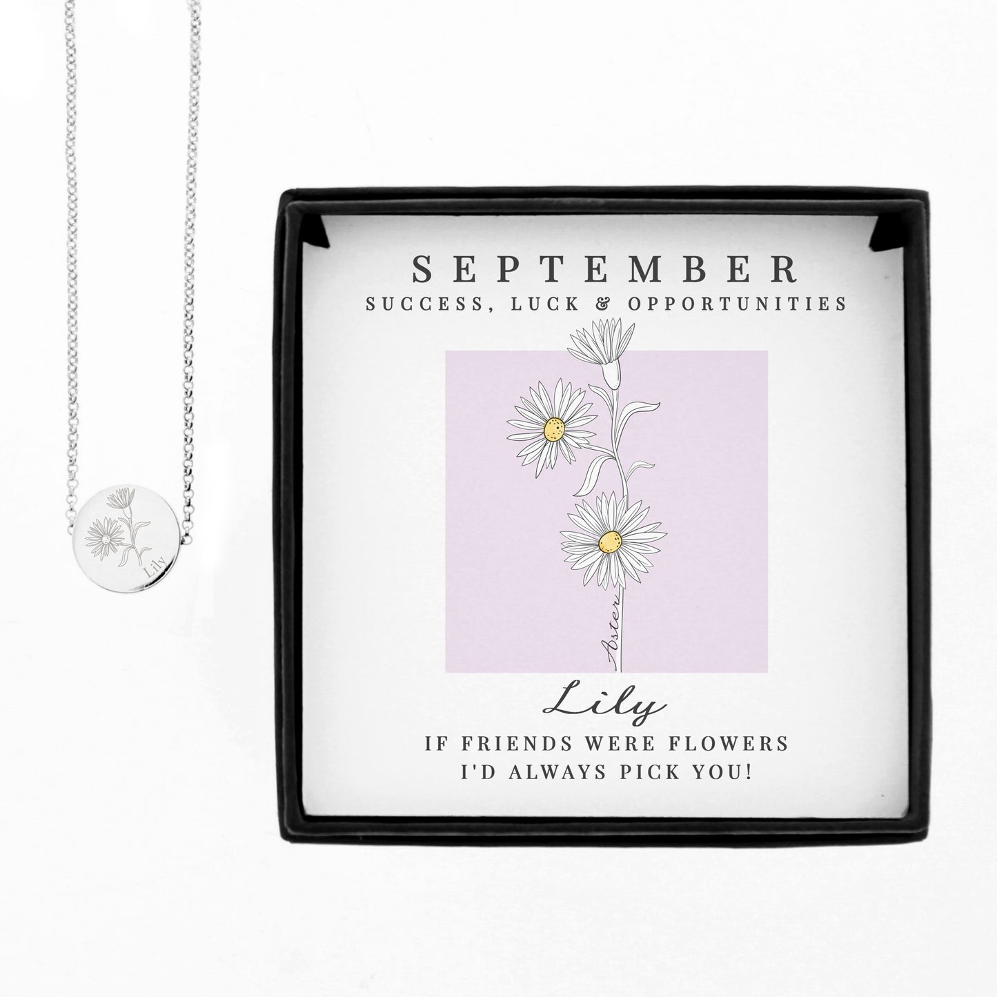 Personalised September Birth Flower Necklace and Box