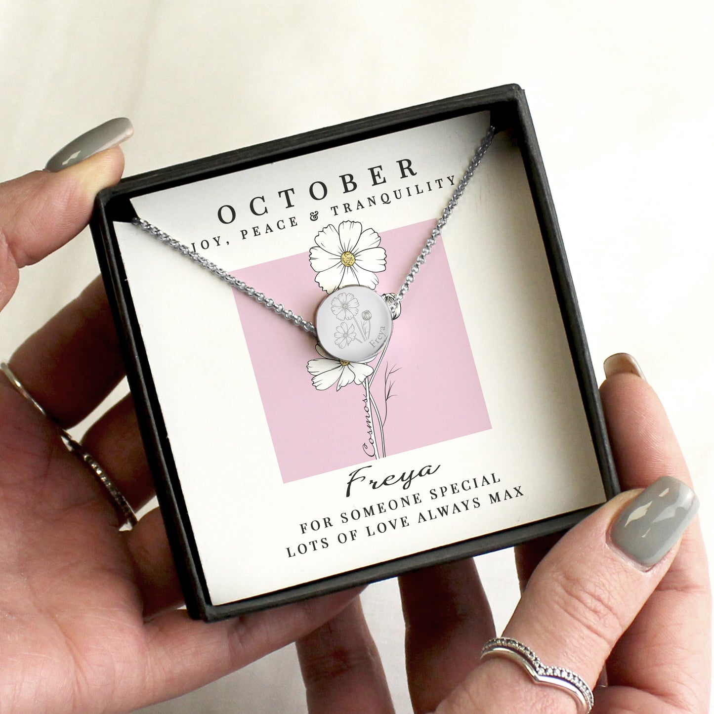 Personalised October Birth Flower Necklace and Box