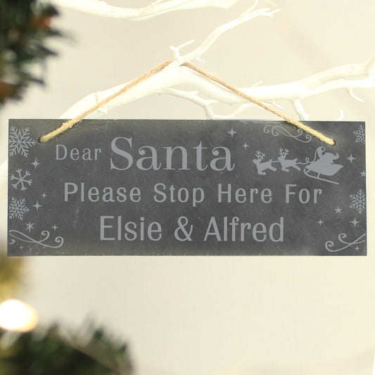 Personalised Santa Please Stop Here... Hanging Slate Sign