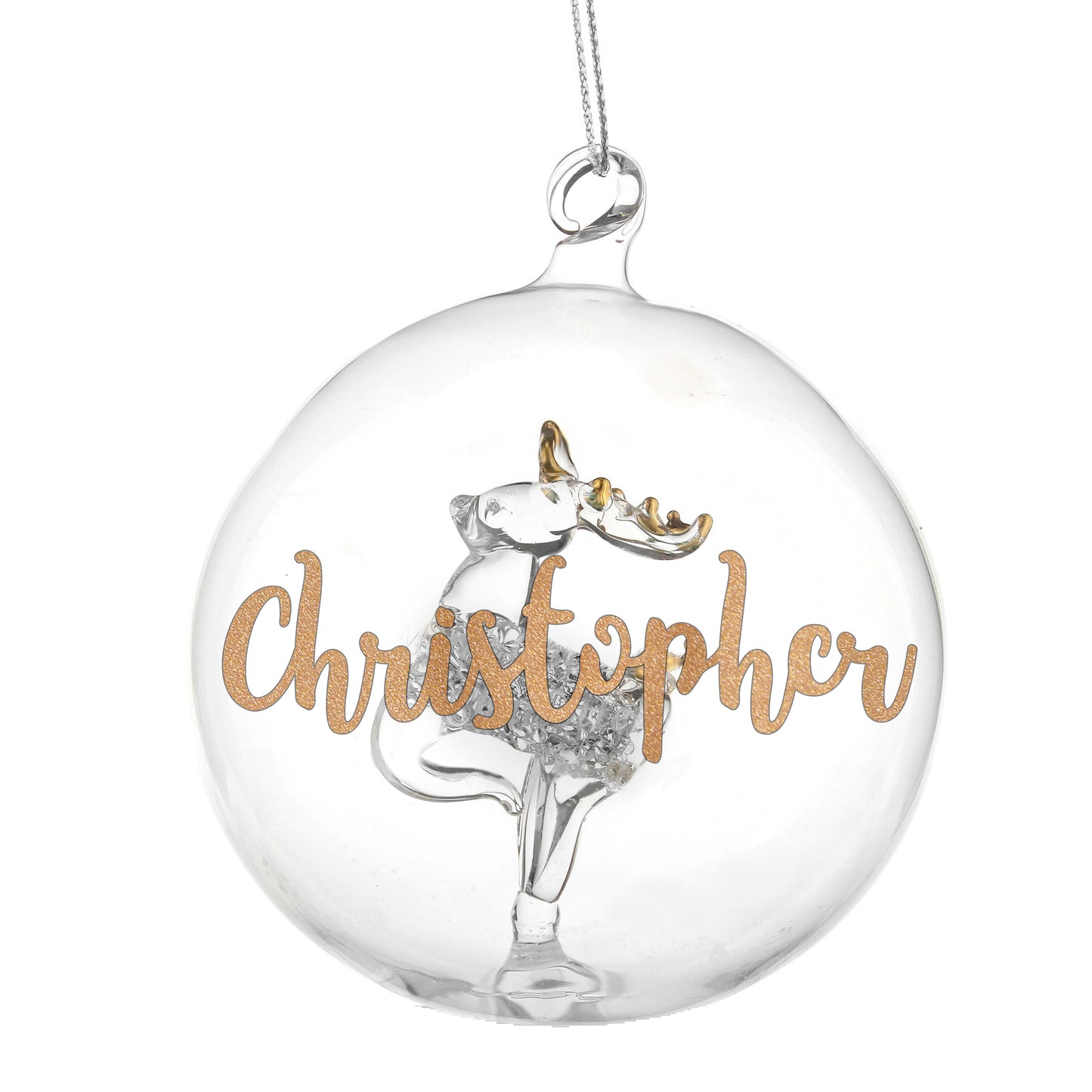 Personalised Gold Glitter Name Only Reindeer Glass Bauble