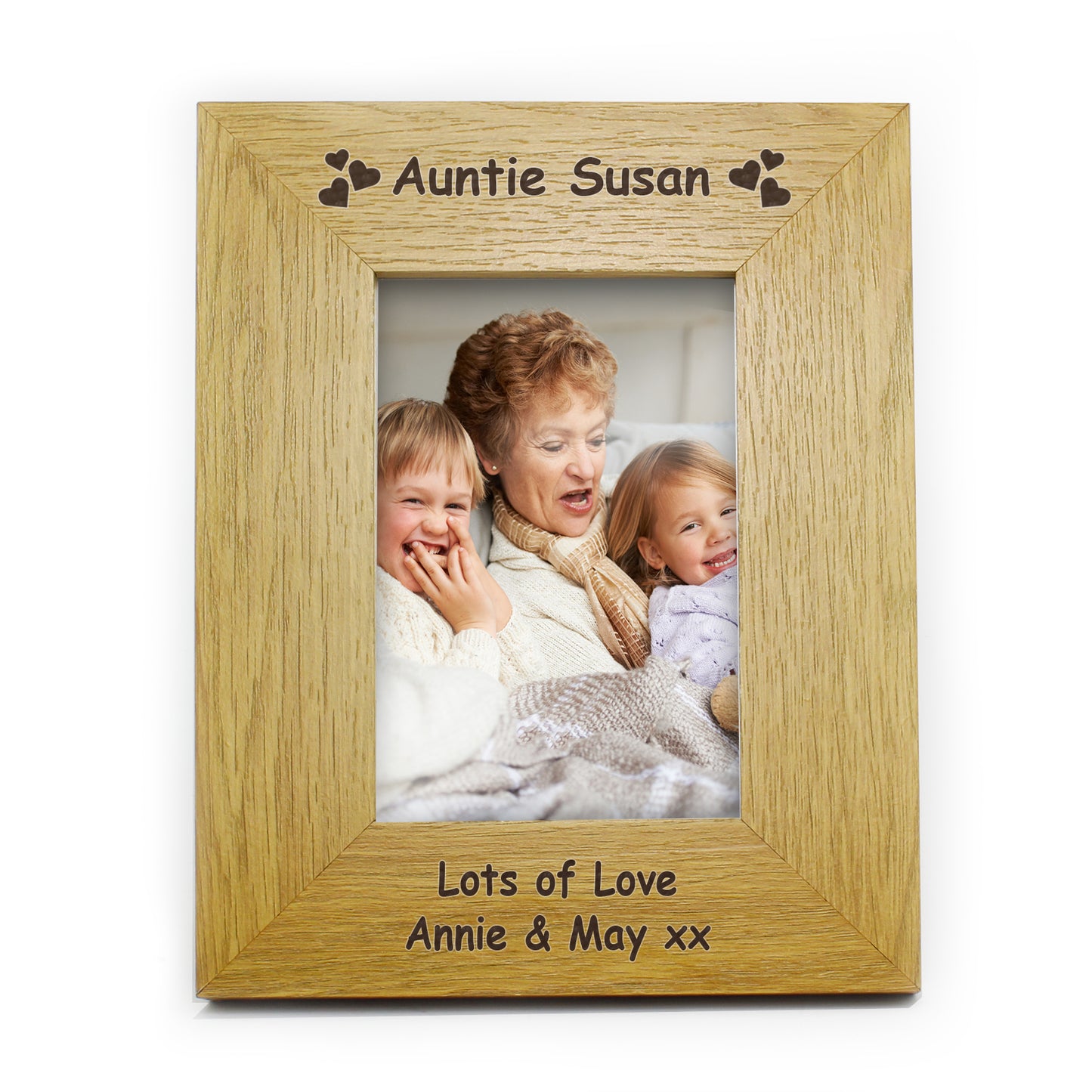 Personalised Hearts 6x4 Oak Finish Photo Frame