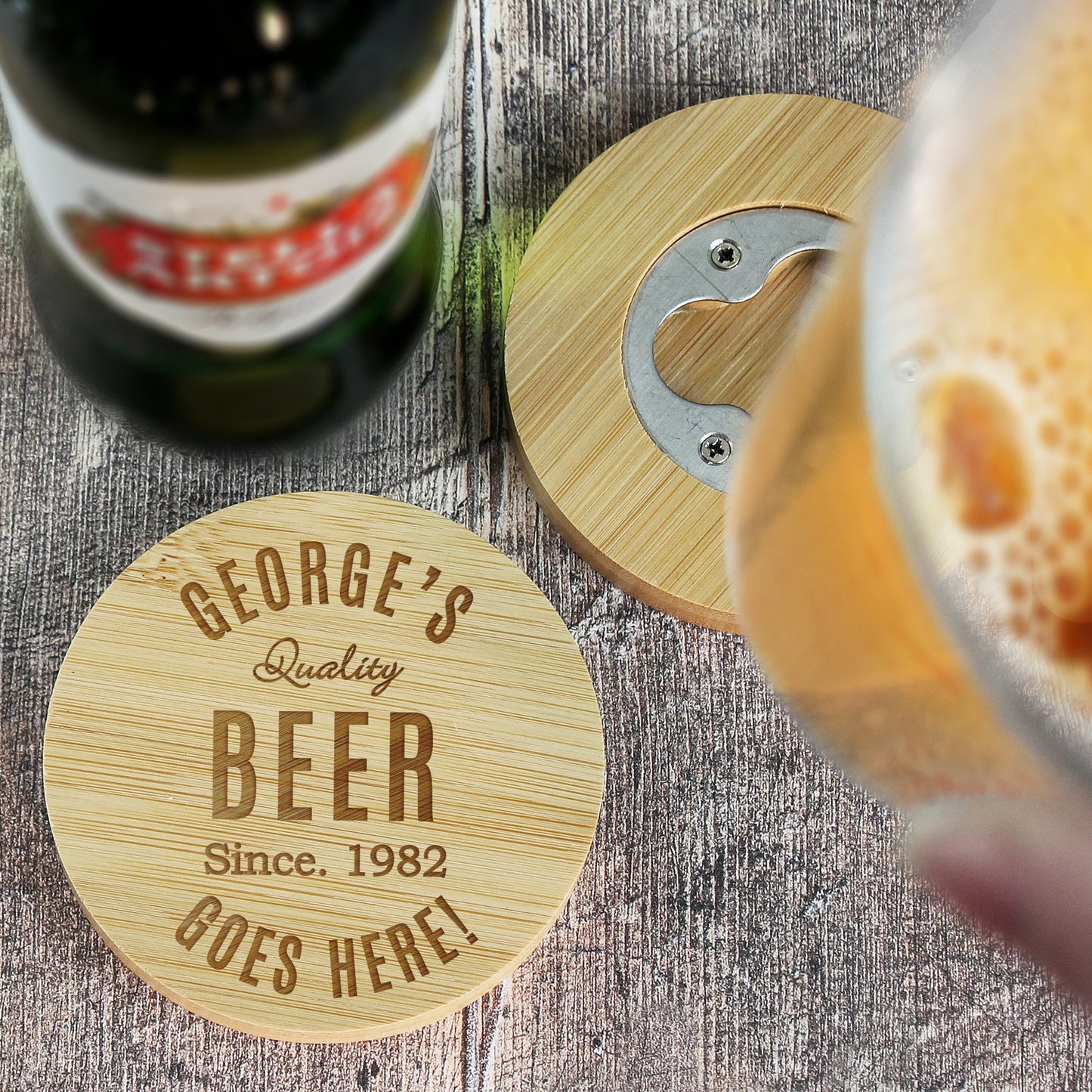 Personalised Free Text Bamboo Bottle Opener Coaster and Pint Glass