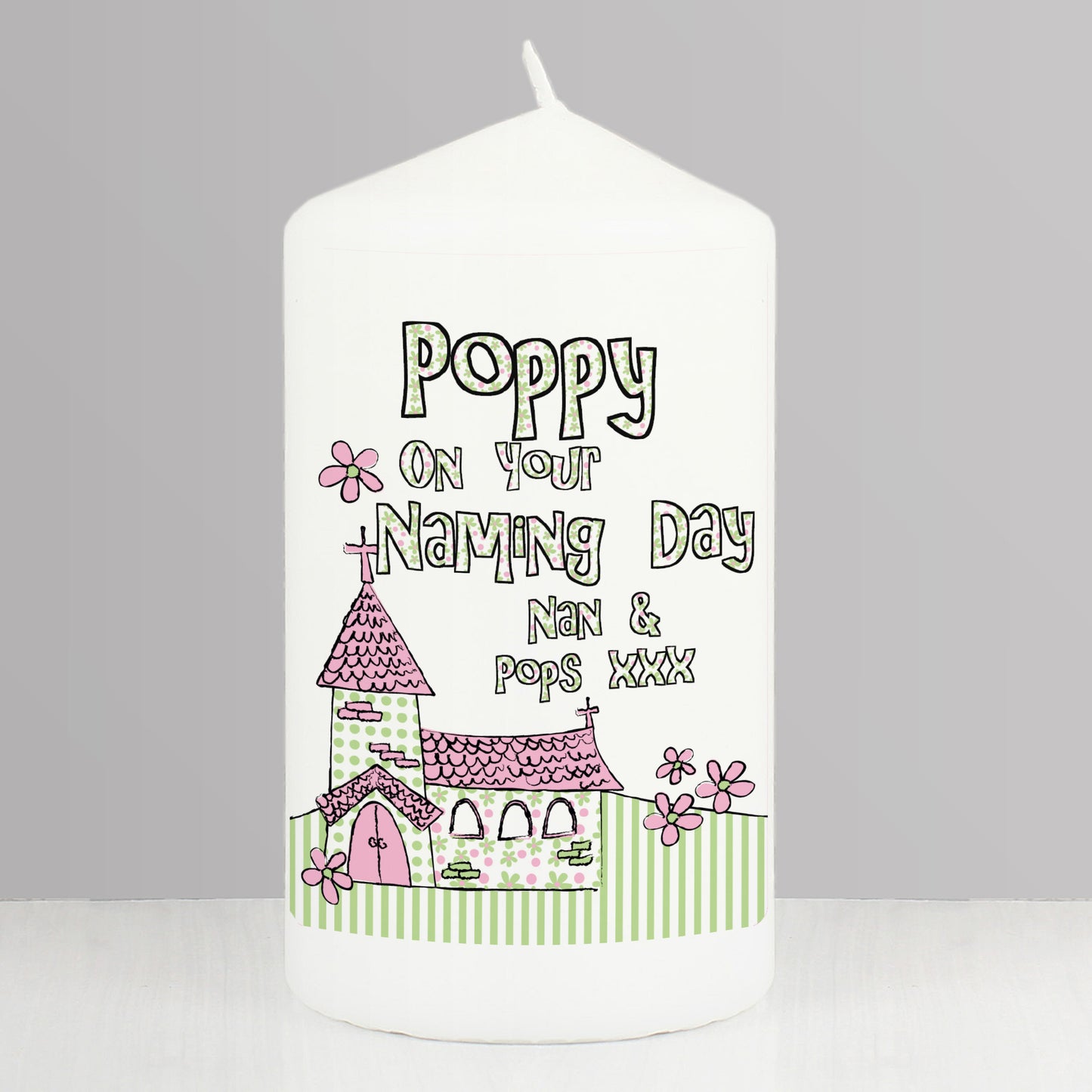 Personalised Pink Church Pillar Candle