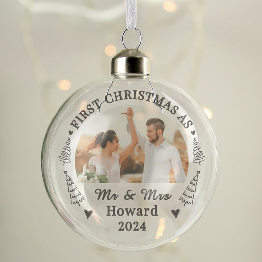 Personalised First Married Christmas Photo Upload Glass Bauble