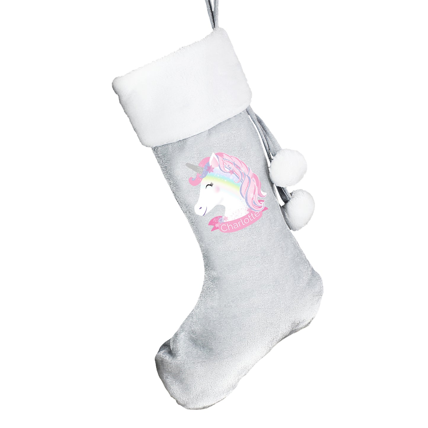 Personalised Christmas Unicorn Luxury Silver Grey Stocking