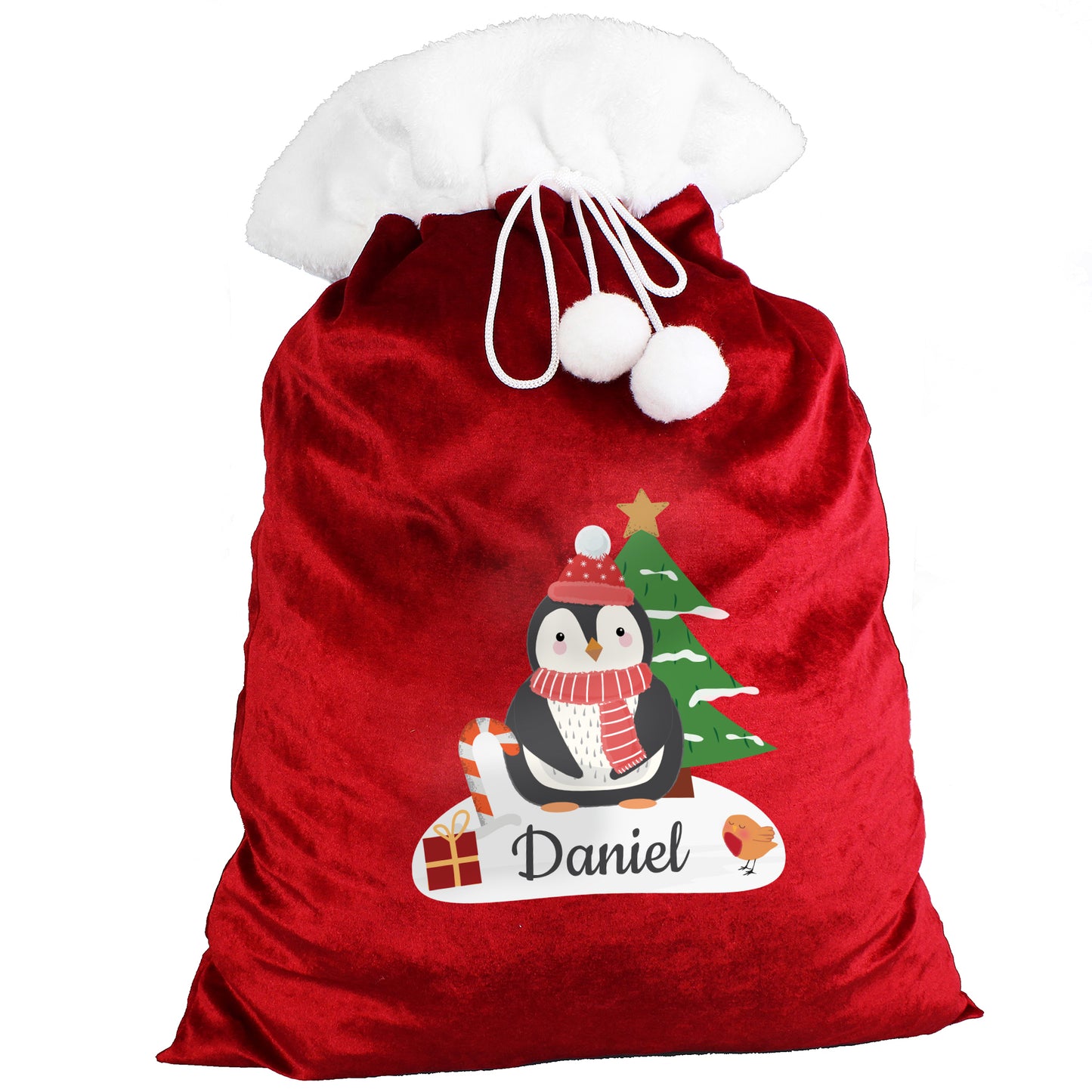 Personalised Christmas Penguin Luxury Pom Pom Red Sack