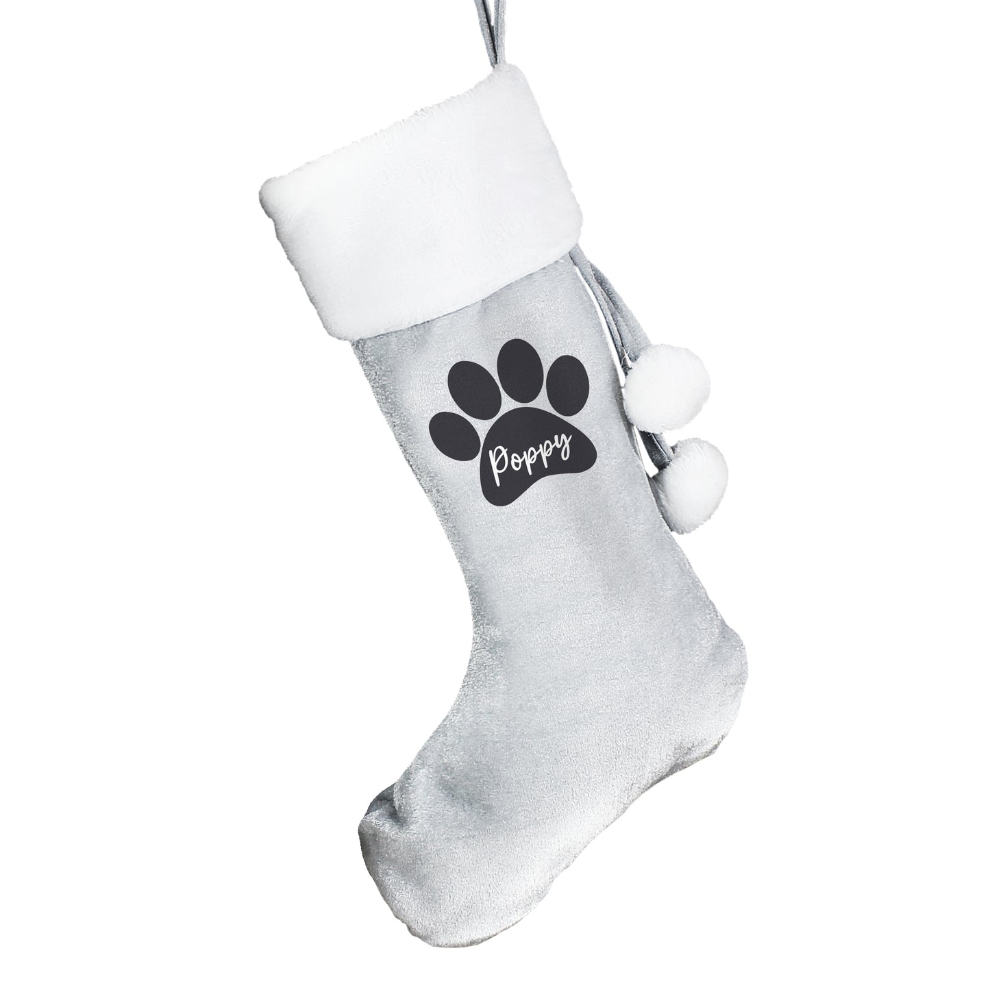 Personalised Paw Print Silver Grey Stocking