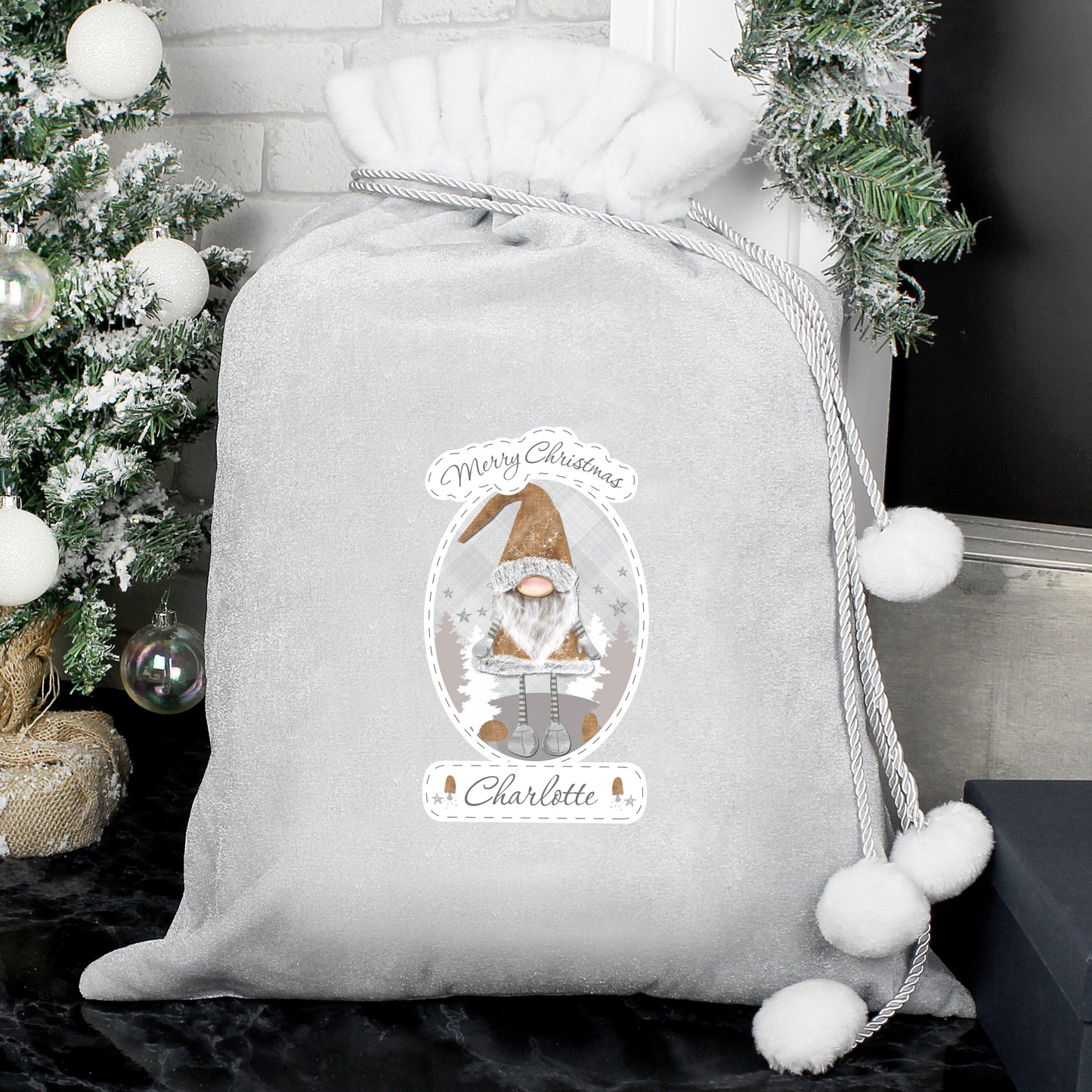 Personalised Christmas Gonk Luxury Silver Grey Pom Pom Sack