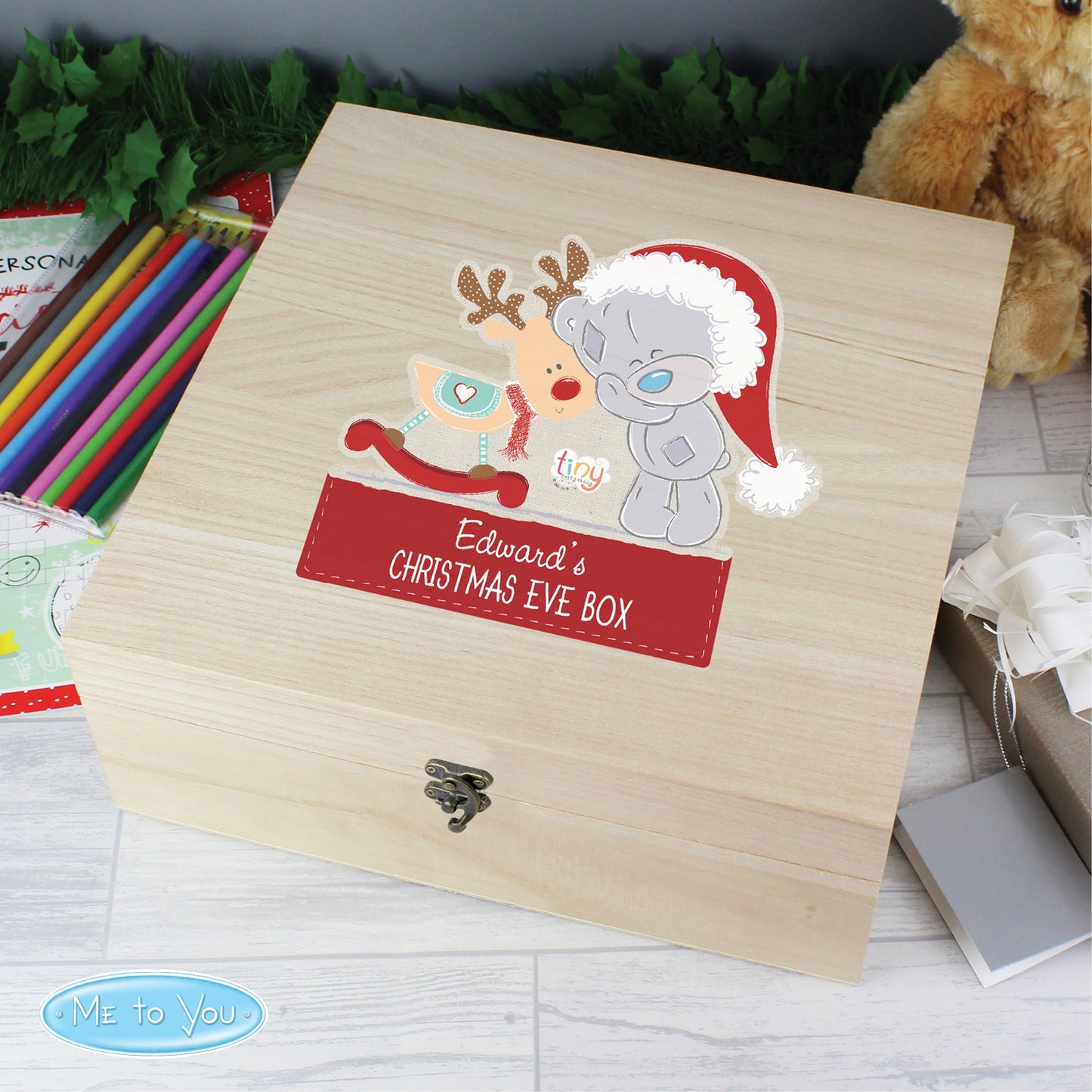 Personalised Colourful Tiny Tatty Teddy Large Wooden Christmas Eve Box