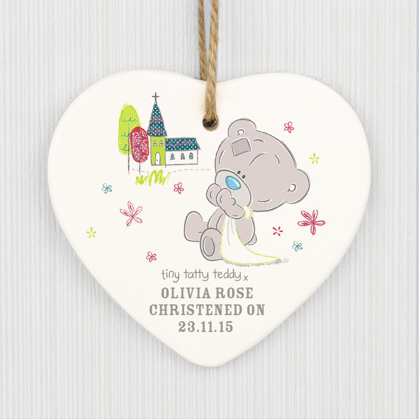 Personalised Tiny Tatty Teddy Christening Ceramic Heart Decoration (Copy)