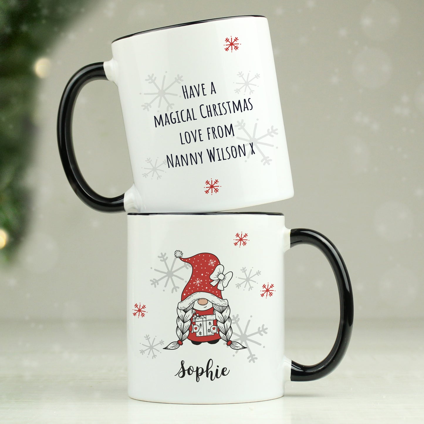 Personalised Gonk Family Black Handled Christmas Mug - Girl