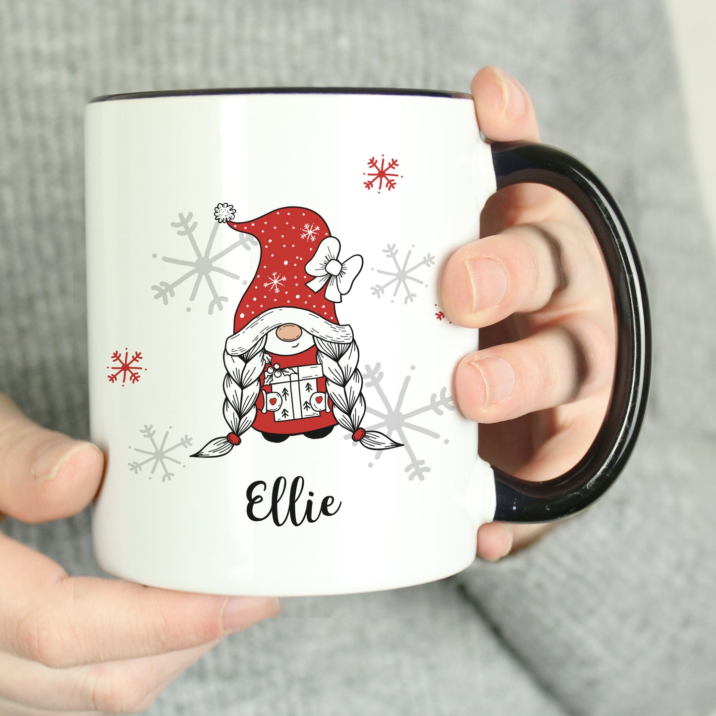 Personalised Gonk Family Black Handled Christmas Mug - Girl