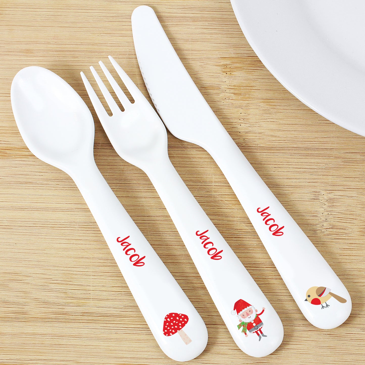 Personalised Christmas Toadstool Santa 3 Piece Plastic Cutlery Set