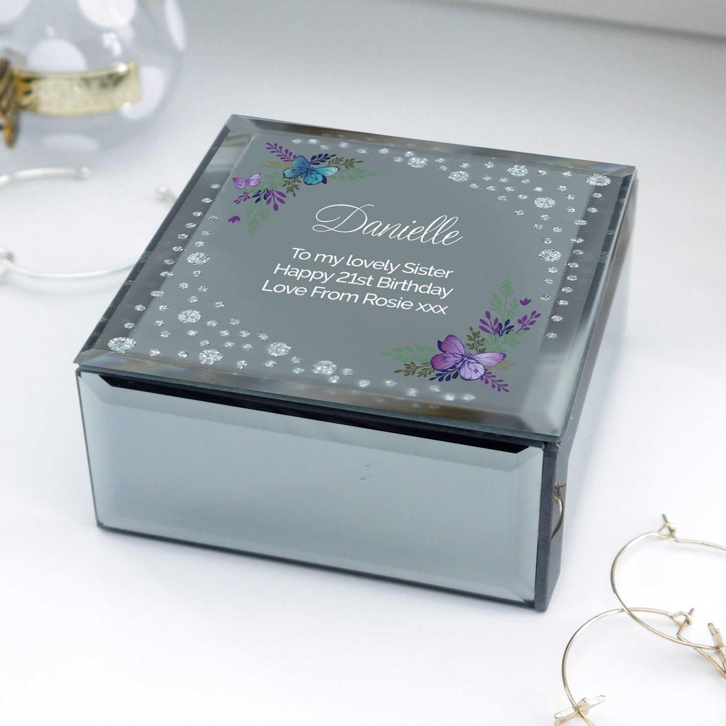 Personalised Floral Butterfly Diamante Glass Trinket Box