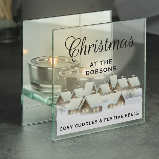 Personalised Christmas Village Mirrored Glass Tea Light Candle Holder