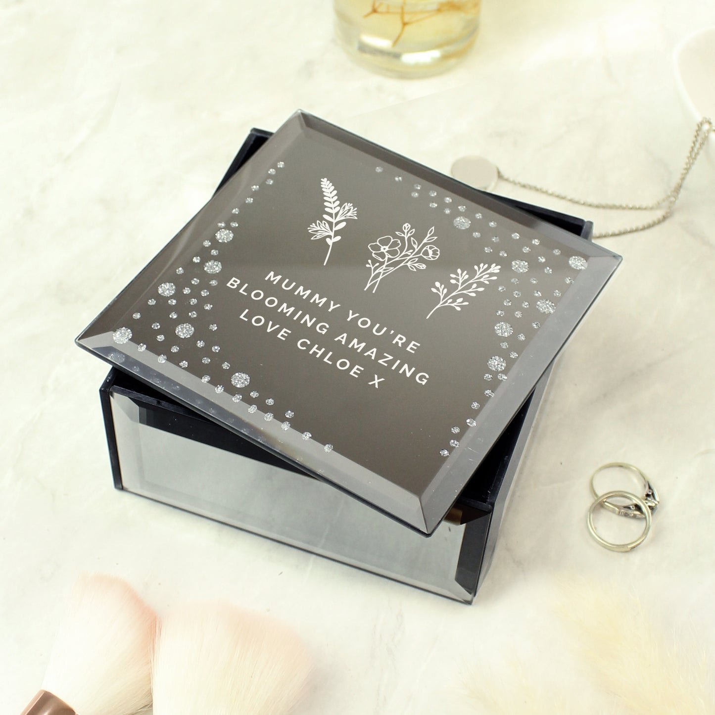 Personalised Floral Diamante Mirrored Trinket Box