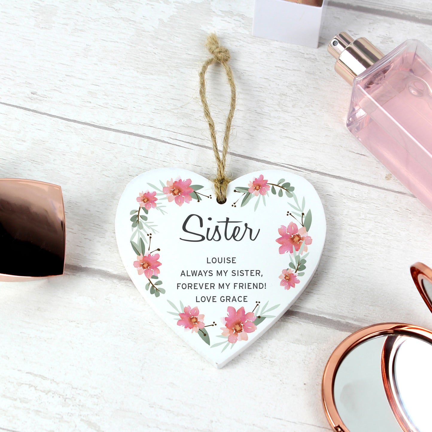 Personalised Floral Sentimental Wooden Heart Decoration