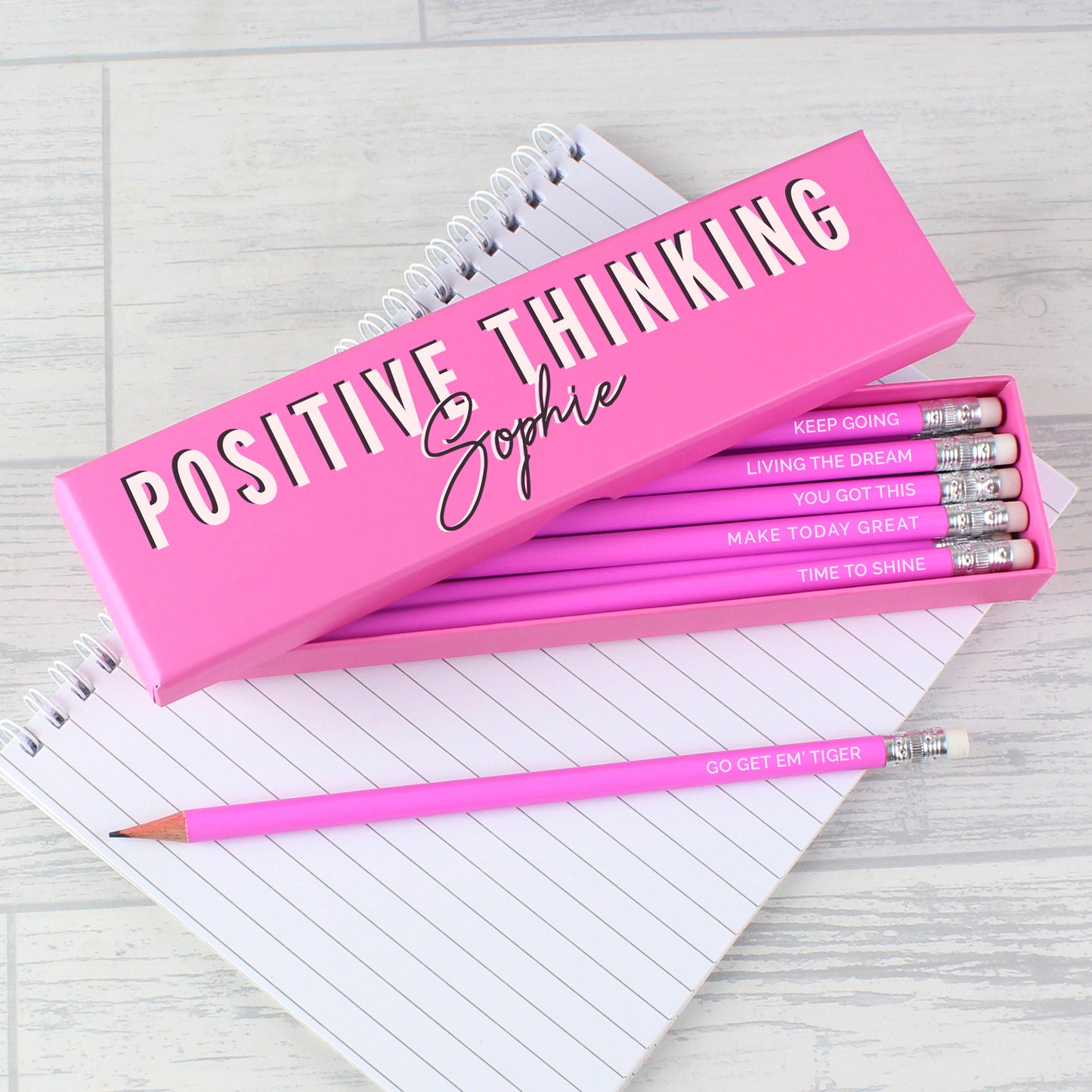 Personalised Positive Thinking Box and 12 Pink HB Pencils