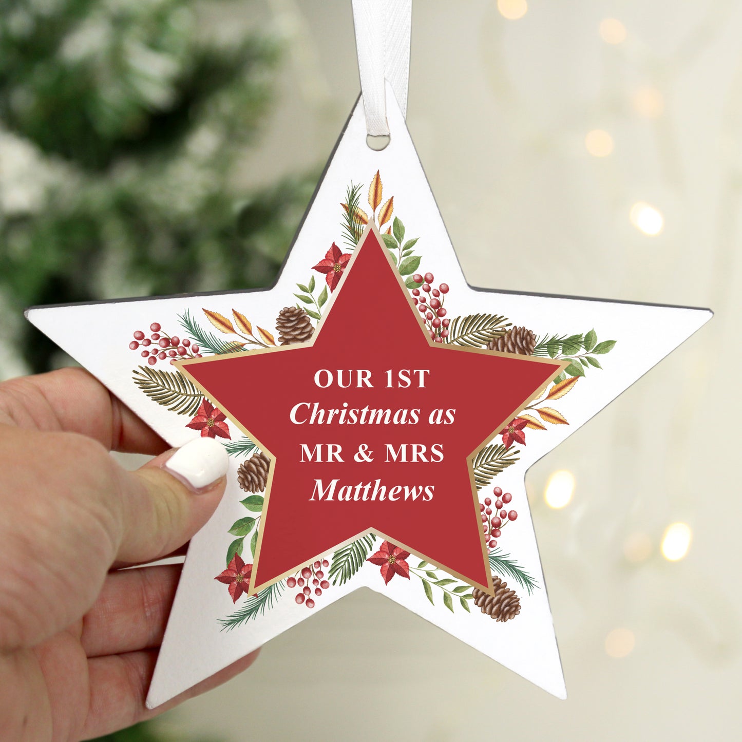 Personalised Christmas Wreath Wooden Star Decoration