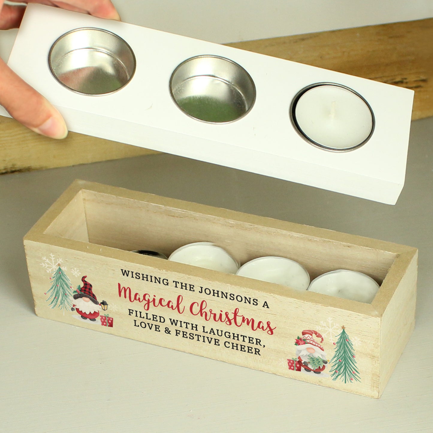 Personalised Christmas Gonk Triple Tea Light Box