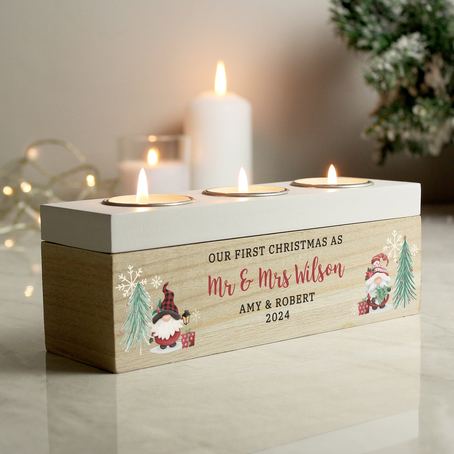 Personalised Christmas Gonk Triple Tea Light Box