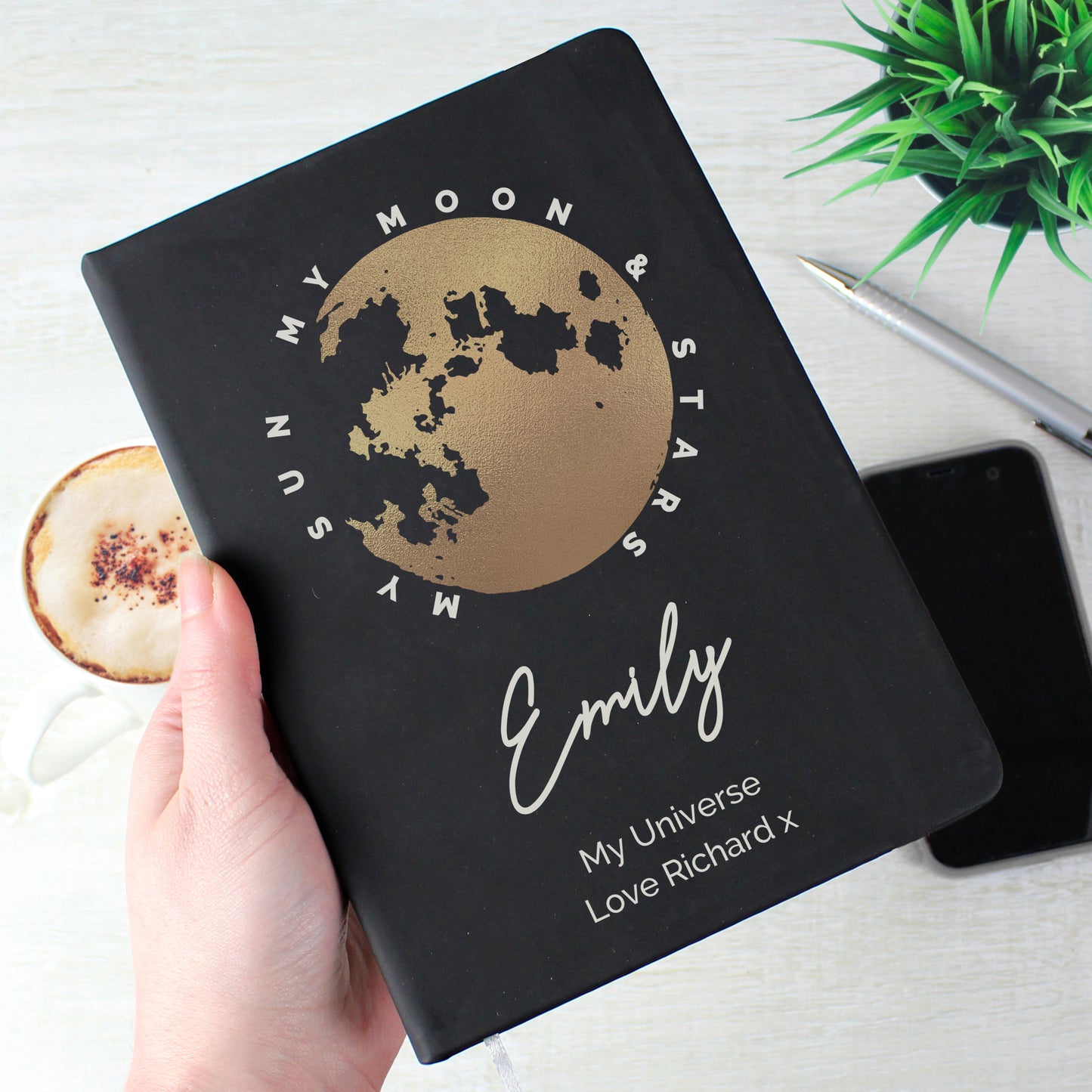 Personalised Moon & Stars Black Hardback Notebook